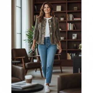 Cabi Textured Tweed Jacket Black Gold Multi Color 3/4 Sleeve Women's Size S